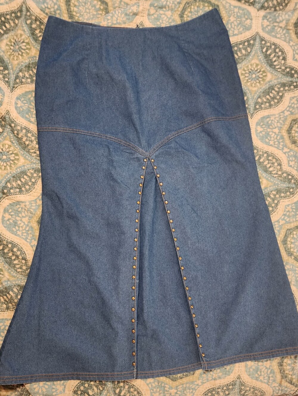 Festival Mermaid Folk Boho Maxi Skirt with Studded Insert- Blue - Picture 2 of 10